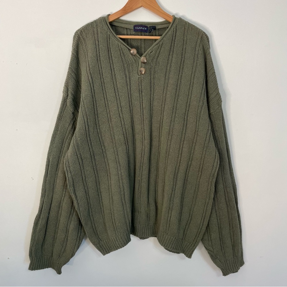 VINTAGE Oversized Slouchy Green Cable Knit Henley Sweater
